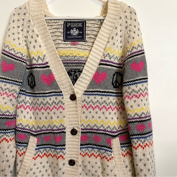 VS PINK peace, love and pink fair isle hoodie heavy knit cardigan sweater - Picture 13 of 14